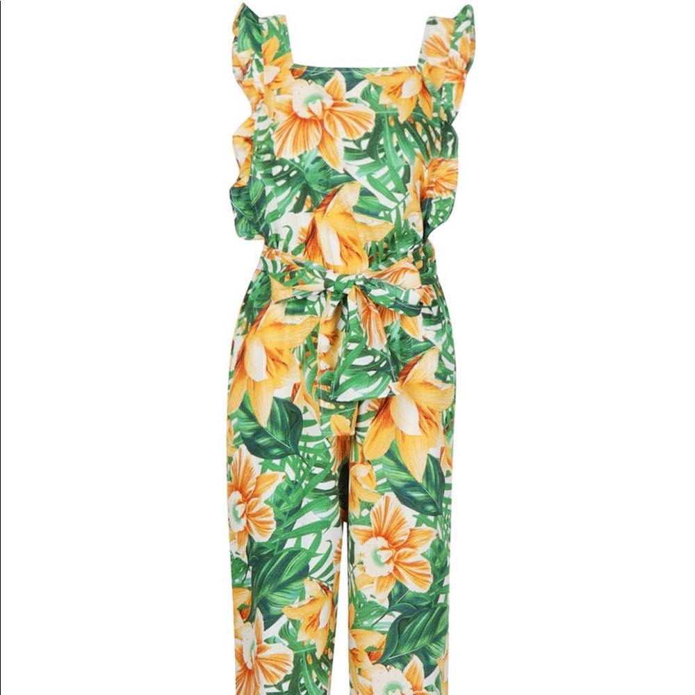 Ruffle Open Back Tropical Print Jumpsuit